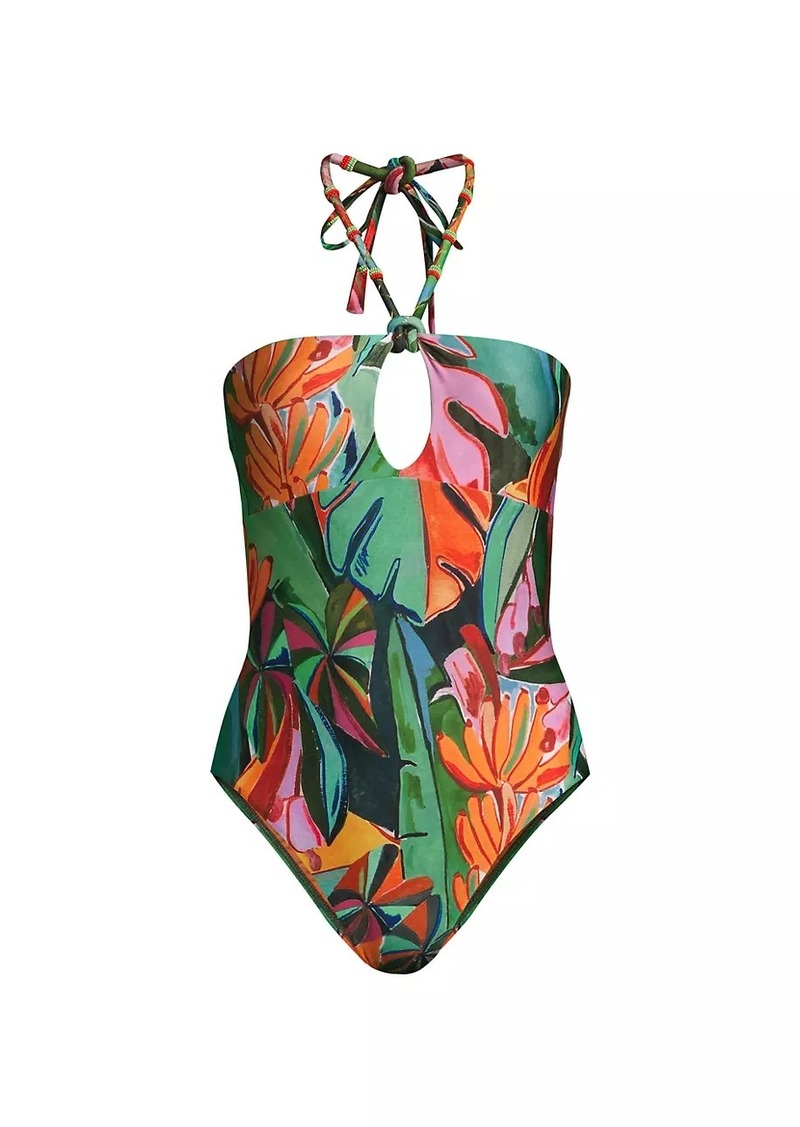 FARM Rio Banana Foliage Halter One-Piece Swimsuit