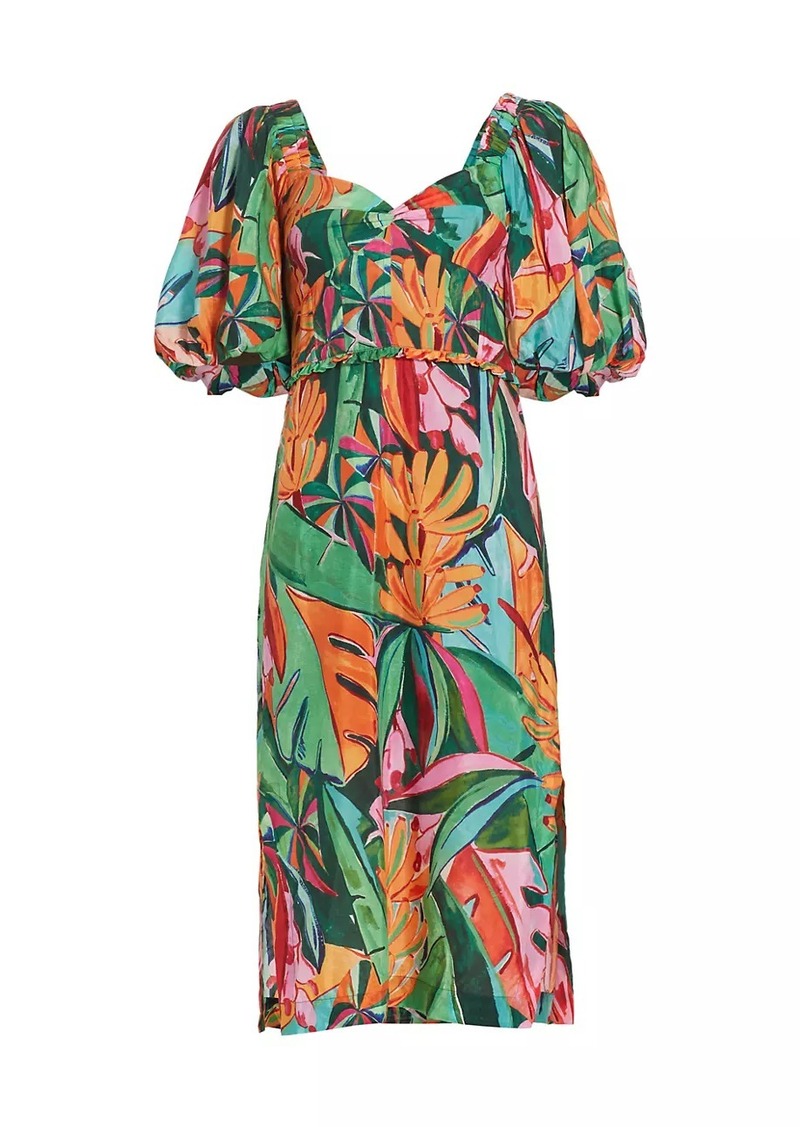 FARM Rio Banana Foliage Puff-Sleeve Cotton Voile Midi-Dress