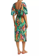 FARM Rio Banana Foliage Puff-Sleeve Cotton Voile Midi-Dress