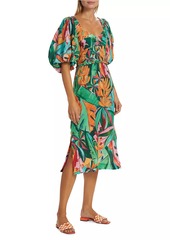 FARM Rio Banana Foliage Puff-Sleeve Cotton Voile Midi-Dress