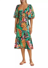 FARM Rio Banana Foliage Puff-Sleeve Cotton Voile Midi-Dress