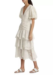 FARM Rio Eyelet Cotton Lace-Up Midi-Dress