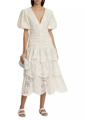 FARM Rio Eyelet Cotton Lace-Up Midi-Dress