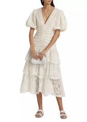 FARM Rio Eyelet Cotton Lace-Up Midi-Dress