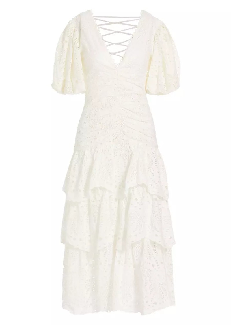 FARM Rio Eyelet Cotton Lace-Up Midi-Dress