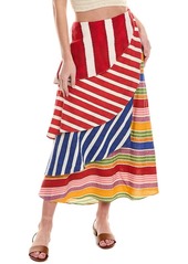 FARM Rio Amazing Stripes Frilled Linen-Blend Midi Skirt