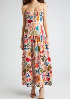 FARM Rio Bright Farm Print Strapless Linen Blend Maxi Dress