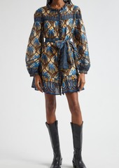 FARM Rio Cocopalm Tie Belt Long Sleeve Minidress