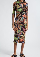 FARM Rio Cool Foliage Elbow Sleeve Jersey Midi Dress