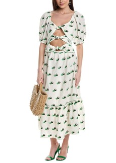 FARM Rio Cross Stitch Coconut Embroidered Linen-Blend Midi Dress