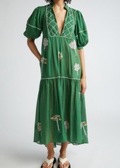 FARM Rio Embroidered Trees Puff Sleeve Organic Cotton Midi Dress