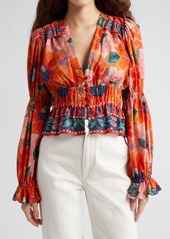 FARM Rio Marias Floral Plunge Neck Peplum Top