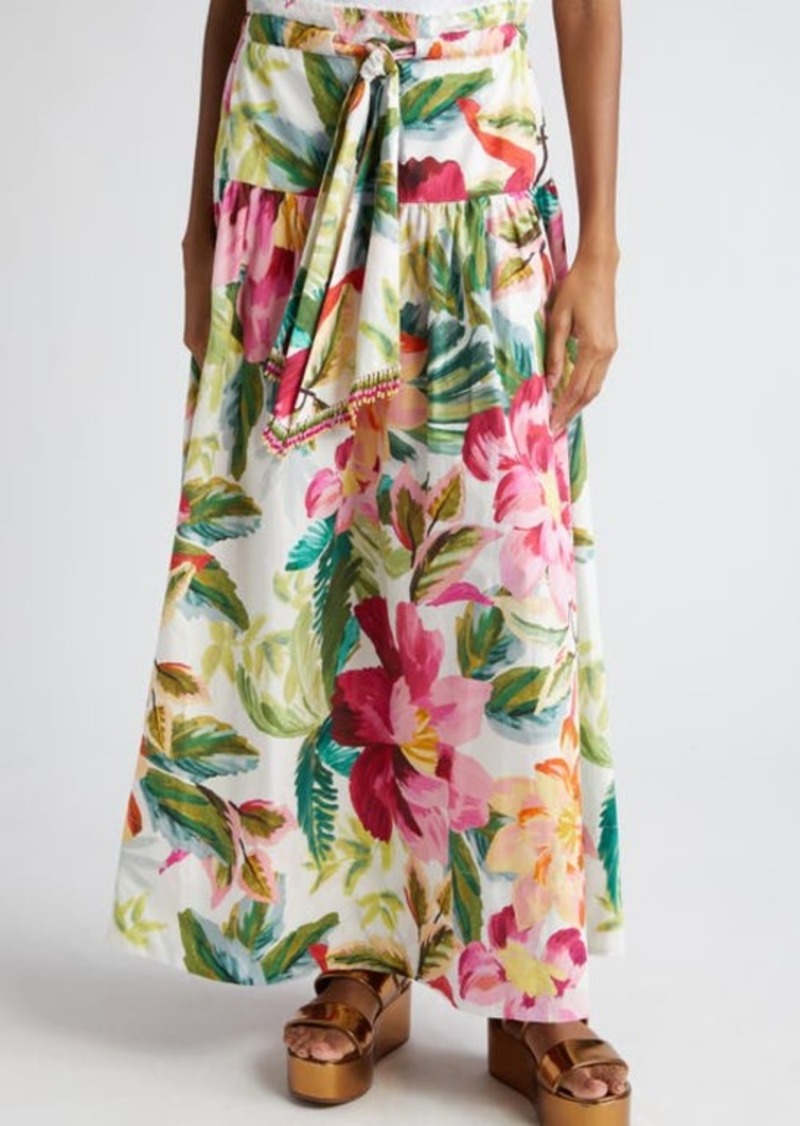 FARM Rio Painted Flowers Belted Cotton Maxi Skirt