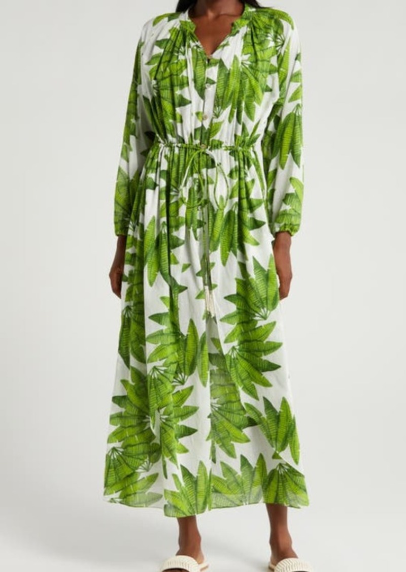 FARM Rio Palm Fan Long Sleeve Cotton Cover-Up Maxi Dress