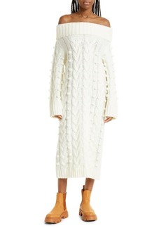 FARM Rio Pompom Cable Stitch Off the Shoulder Long Sleeve Sweater Dress