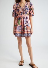 FARM Rio Seashell Tapestry Floral Clip Dot Puff Sleeve Minidress