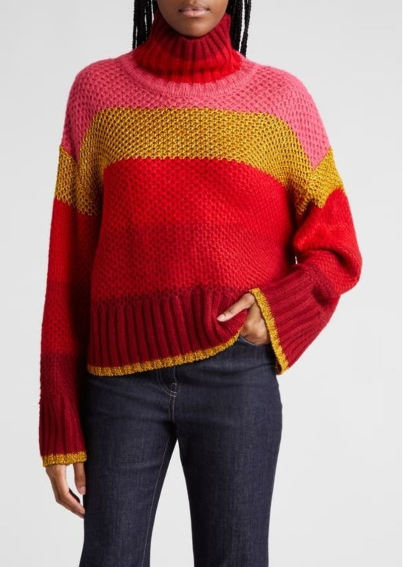 FARM Rio Shiny Stripe Colorblock Turtleneck Sweater