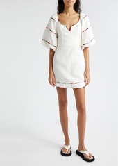 FARM Rio Stripe Trim Puff Sleeve Linen Minidress