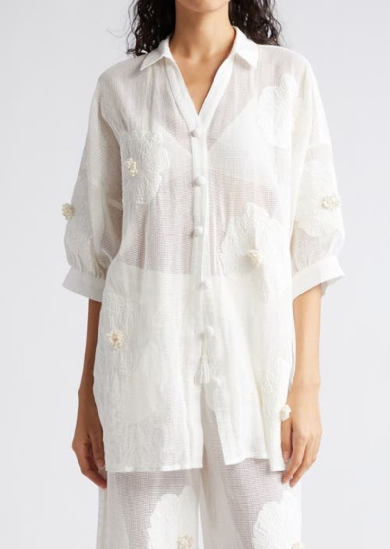 FARM Rio White Flower Cotton Cover-Up Shirt at Nordstrom