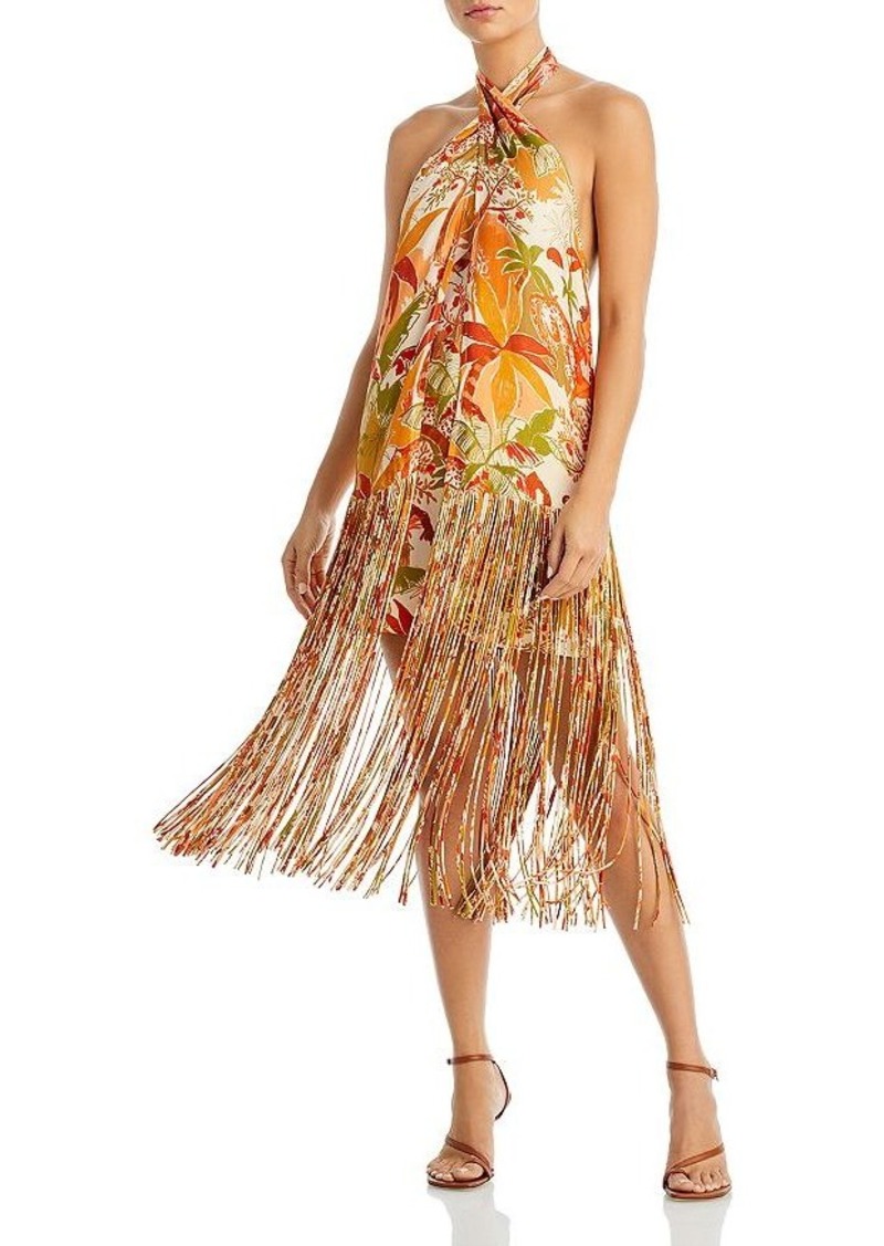 FARM Rio Women Leopard Forest Sand Halter Neck Fringe Mini Dress Orange Print