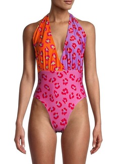 Farm Rio Women Orange Maxi Leopard Patch Front One Piece Swimwear