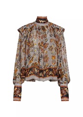 FARM Rio Floral Tapestry Embroidered Bishop-Sleeve Blouse