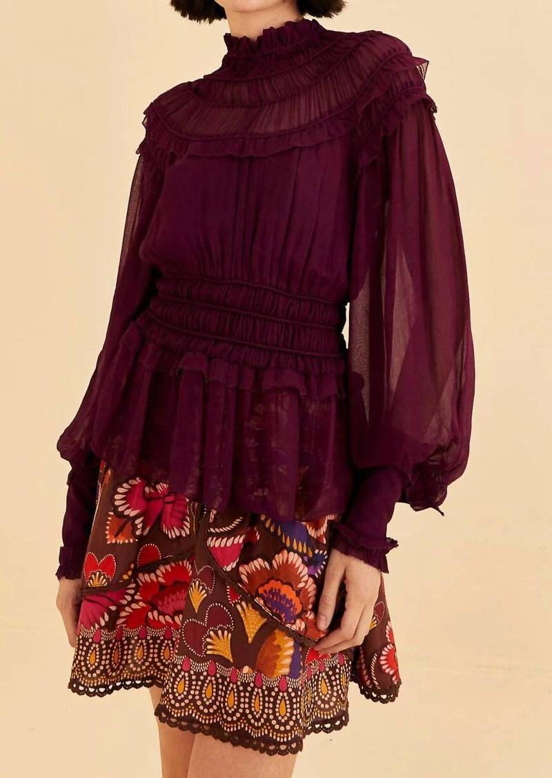 FARM Rio Ruffle High Neck Blouse In Burgundy