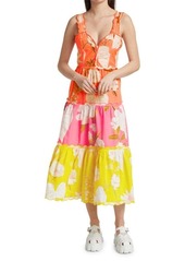 FARM Rio Tiered Colorblocked Floral Midi-Dress