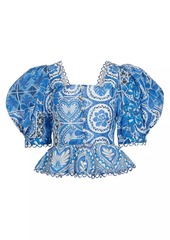 FARM Rio Tile Dream Puff-Sleeve Blouse