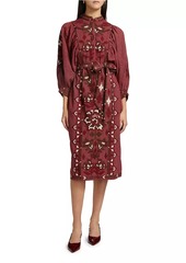 FARM Rio Toucans Embroidered Tie-Waist Midi-Dress