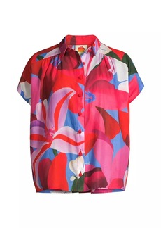 FARM Rio Watercolor Floral Cotton Short-Sleeve Shirt