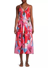 FARM Rio Watercolor Floral Cotton Tie-Waist Midi-Dress