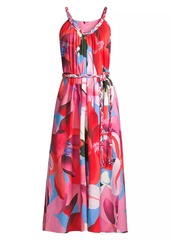 FARM Rio Watercolor Floral Cotton Tie-Waist Midi-Dress