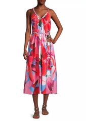 FARM Rio Watercolor Floral Cotton Tie-Waist Midi-Dress