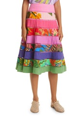 FARM Rio Rainbow Mixed Print Tiered Linen Blend Skirt