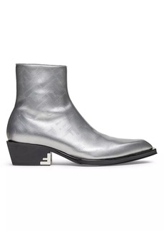 Fendi Metallic Leather Stacked Heel Ankle Boots