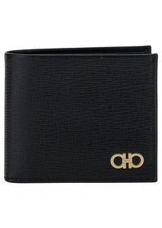 Black Gancini Bi-Fold Wallet in Leather Man Ferragamo