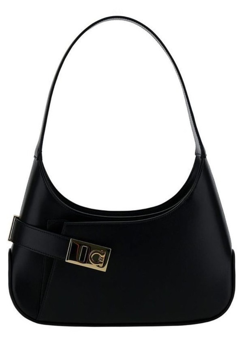 Ferragamo Black Hobo Shoulder Bag with Asymmetric Pocket and Gancini Buckle in Leather Woman