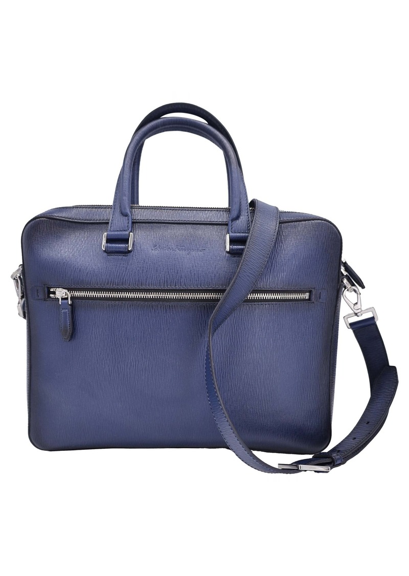 Ferragamo Revival 3.0 Luggage Strap Briefcase in Navy Blue Leather