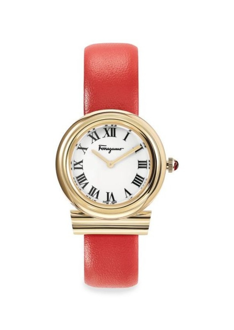 Ferragamo Gancini 28MM IP Yellow Gold & Leather Strap Watch