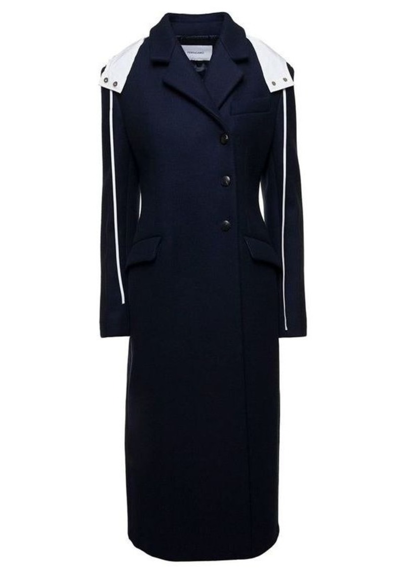 Ferragamo Long Blue Coat with Contrasting Detachable Hood in Wool Woman
