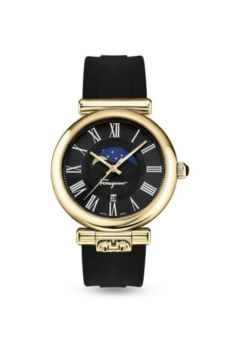 Ferragamo Ora Moonphase 40MM IP Yellow Goldtone Stainless Steel & Silicone Strap Watch