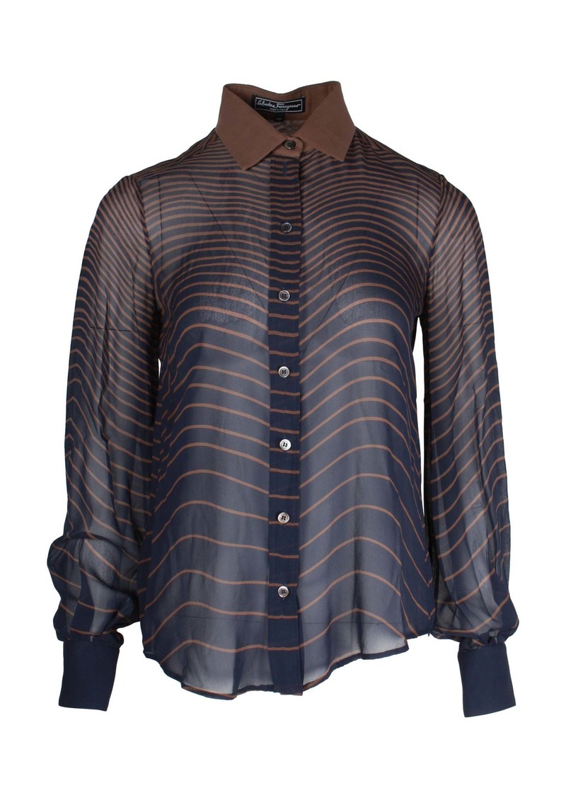 Salvatore Ferragamo Striped Buttoned Blouse in Brown and Blue Silk