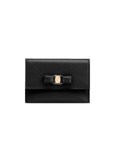 Ferragamo 'Vara' Black Card-Holder with Engraved Logo and Vara Bow in Hammered Leather Woman