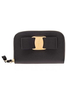 Ferragamo 'Vara' Black Card-Holder with Bow and Logo Detail in Hammered Leather Woman