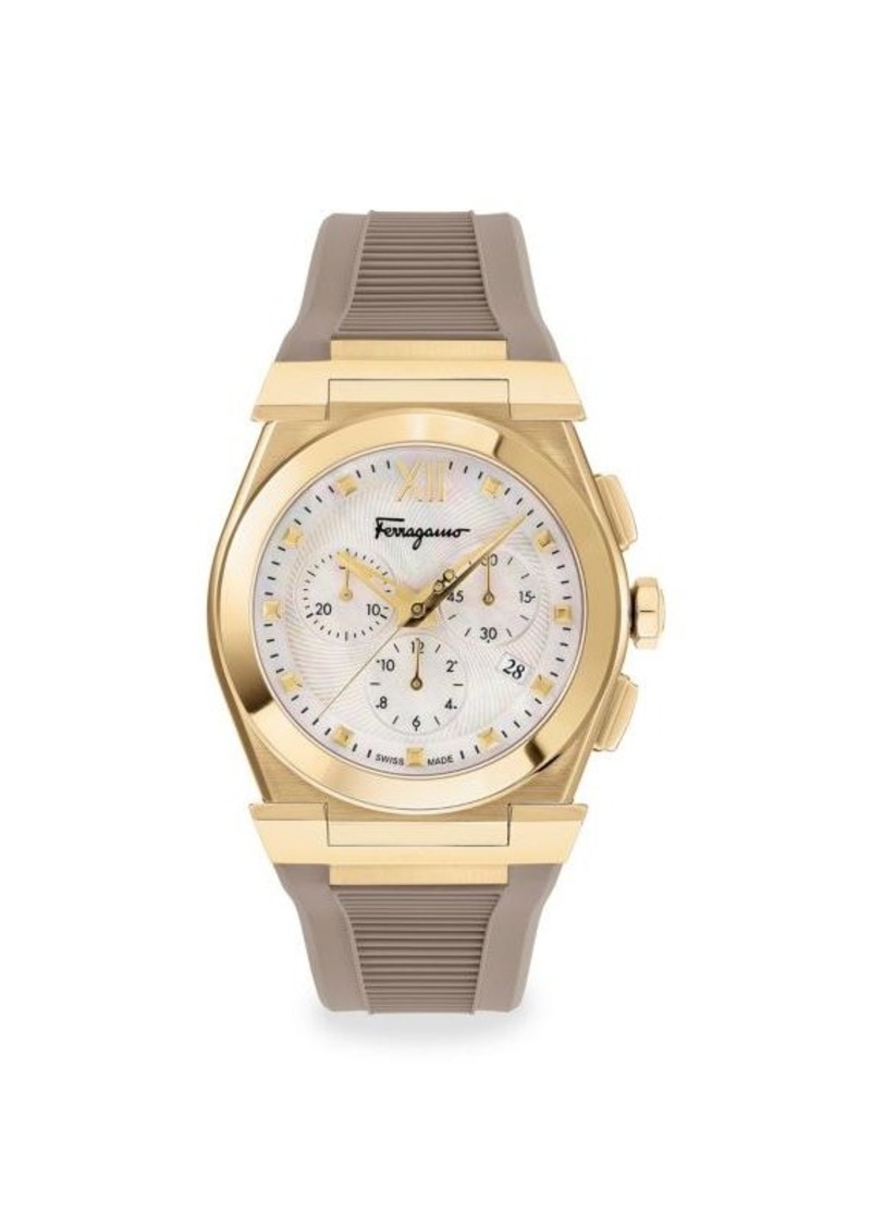 Ferragamo Vega Chrono 40MM IP Yellow Gold, Mother Of Pearl & Silicone Bracelet Watch