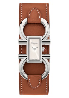 Salvatore Ferragamo Double Gancio Leather Cuff Strap Watch; 13mm x 23mm in Tan/White/Silver at Nordstrom