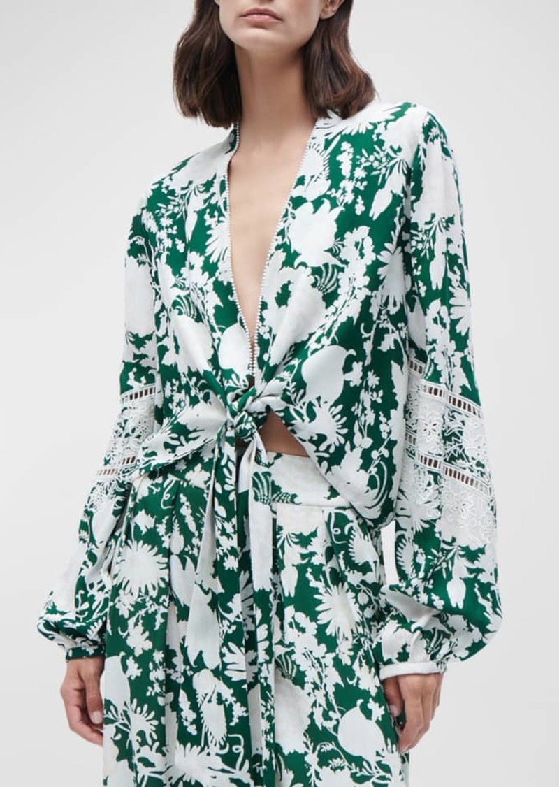 Figue Anastasia Floral-Print Blouson-Sleeve Tied Crop Top