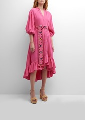 Figue Athena Puff-Sleeve Belted Cotton Gauze High-Low Dress