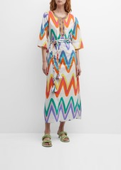 Figue Bianca Zigzag-Print Belted Maxi Kaftan Dress